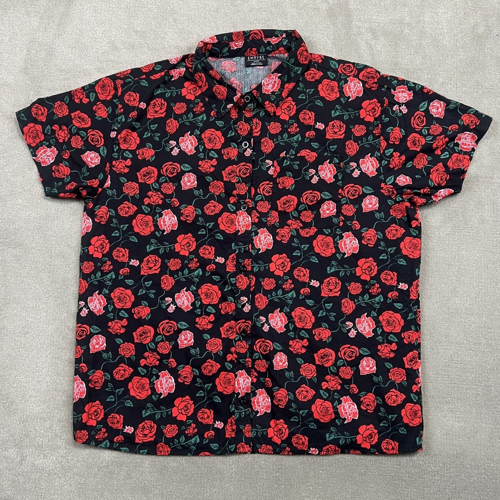 Empyre Womens Large Black Red Rose Floral Button Up Short Sleeve Cotton Shirt